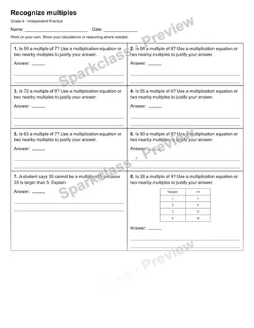 Recognize multiples — Independent Practice — Grade 4 worksheet preview