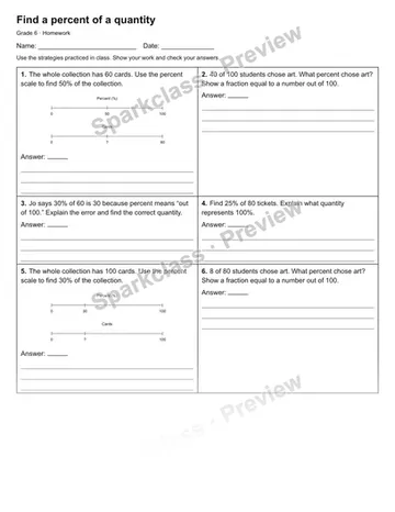 Find a percent of a quantity — Homework — Grade 6 worksheet preview