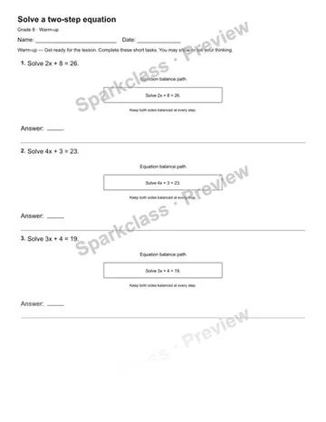 Solve a two-step equation — Warm-up — Grade 8 worksheet preview