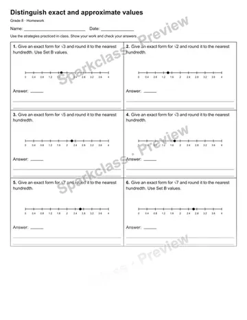 Distinguish exact and approximate values — Homework — Grade 8 worksheet preview