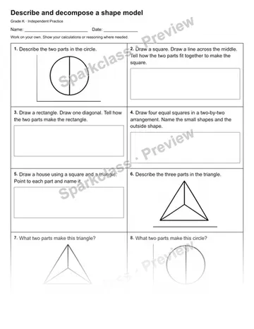 Describe and decompose a shape model — Independent Practice — Kindergarten worksheet preview