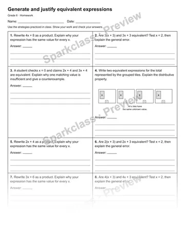 Generate and justify equivalent expressions — Homework — Grade 6 worksheet preview