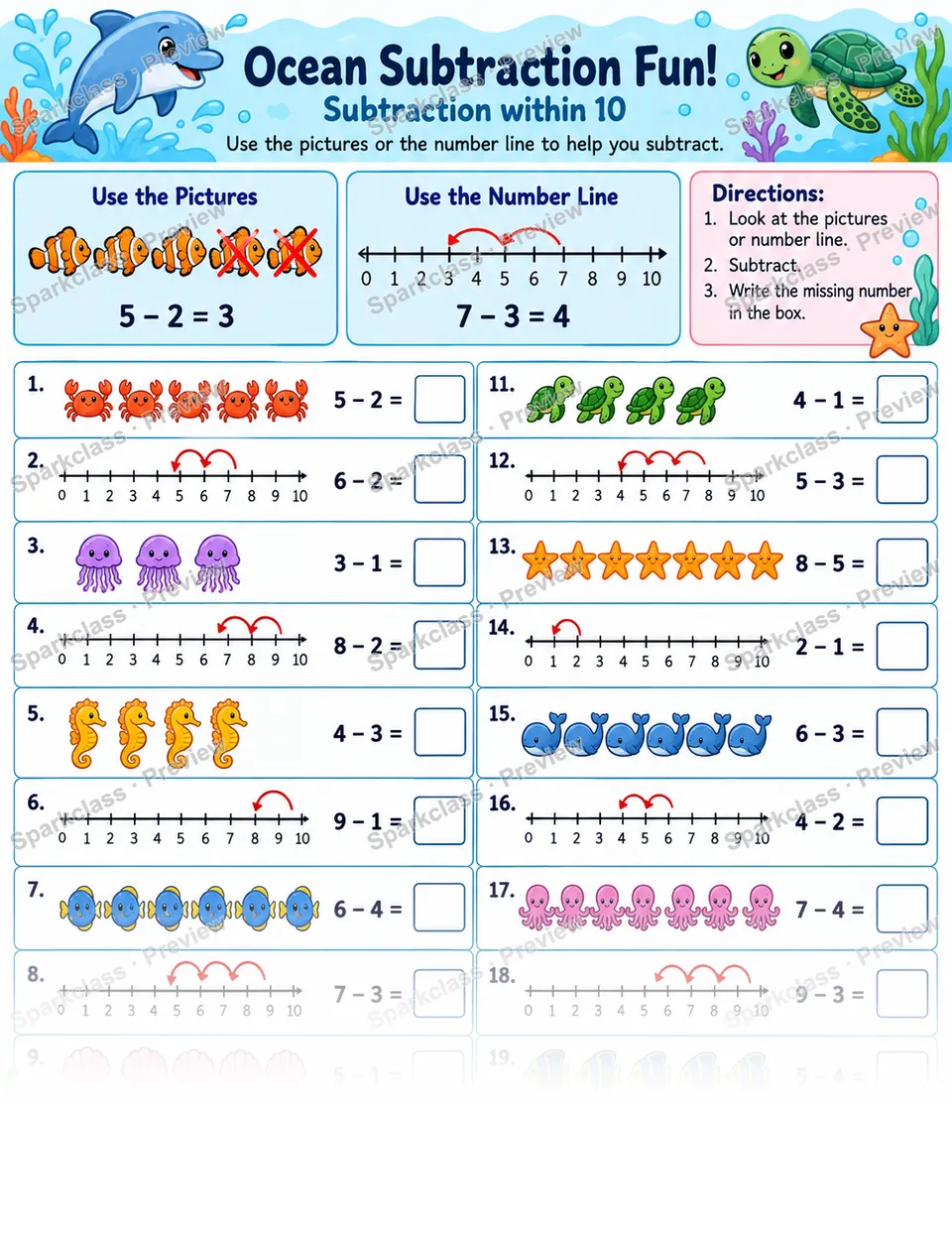 Subtraction Fluency Within Ten — page 1