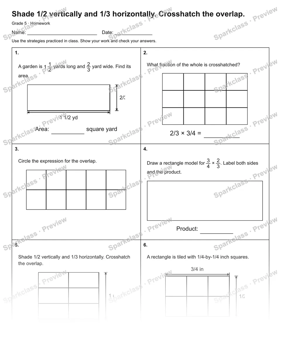 Shade 1/2 vertically and 1/3 horizontally. Crosshatch the overlap. — Homework — page 1