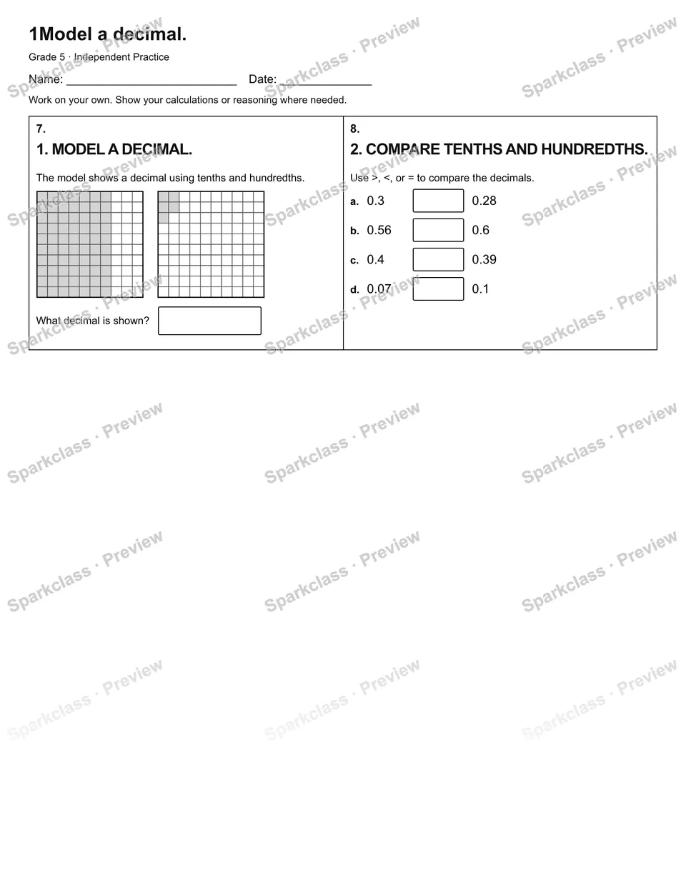 1Model a decimal. — Independent Practice — page 2