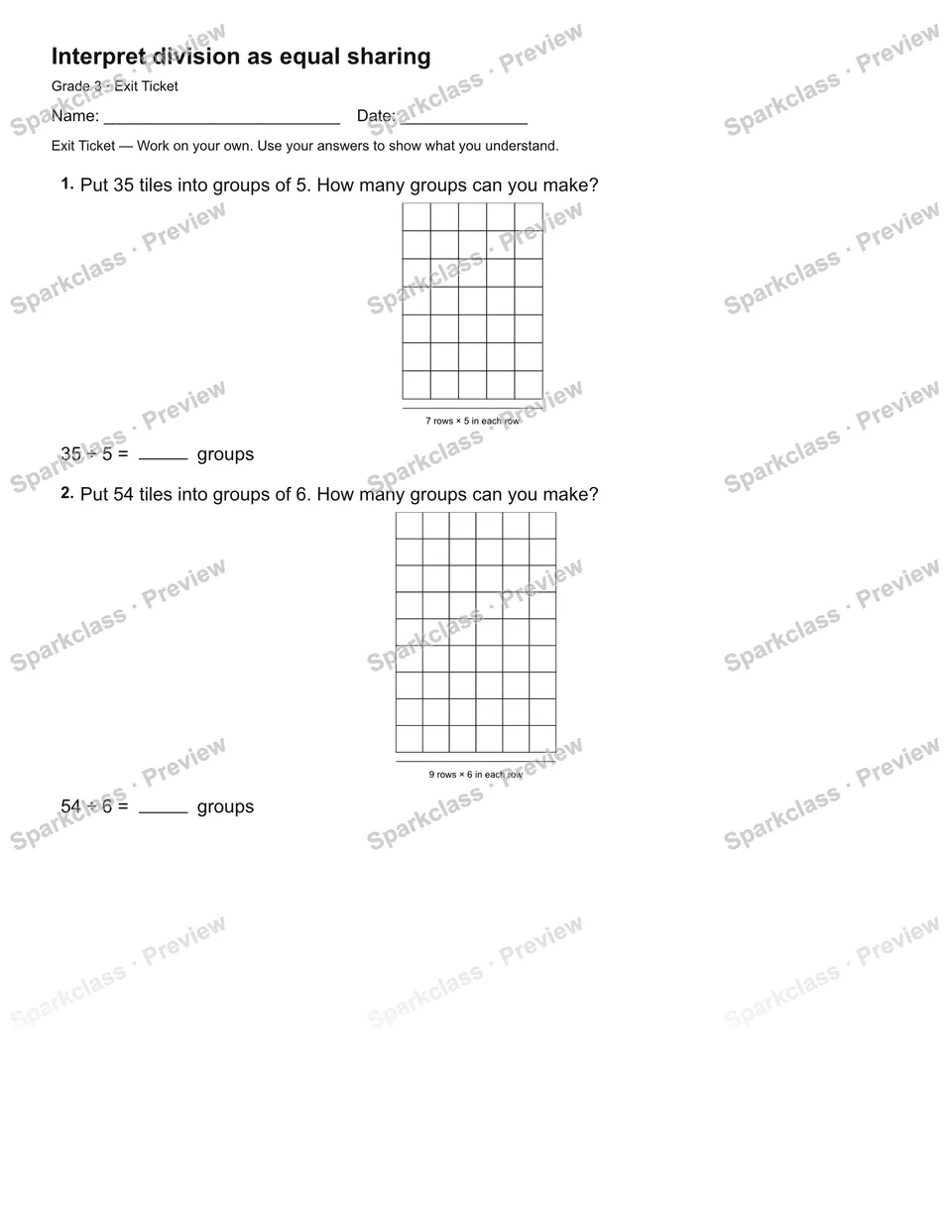 Interpret division as equal sharing — Exit Ticket — page 1