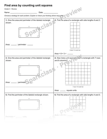 Find area by counting unit squares — Review — Grade 3 worksheet preview