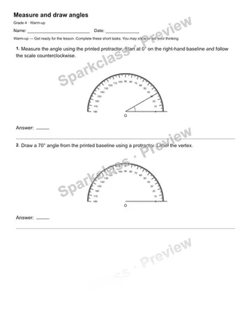 Measure and draw angles — Warm-up — Grade 4 worksheet preview