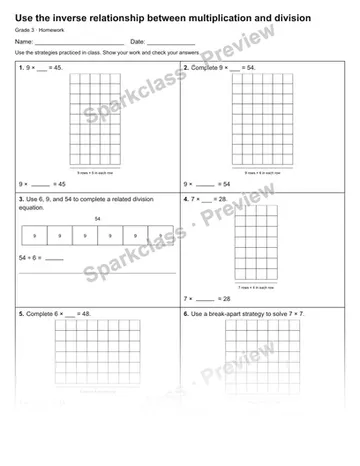 Use the inverse relationship between multiplication and division — Homework — Grade 3 worksheet preview