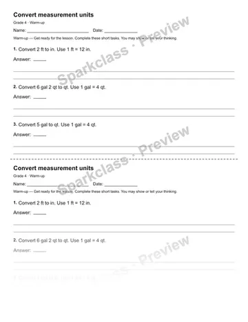 Convert measurement units — Warm-up — Grade 4 worksheet preview