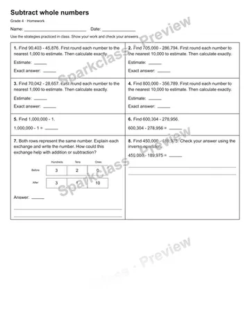 Subtract whole numbers — Homework — Grade 4 worksheet preview