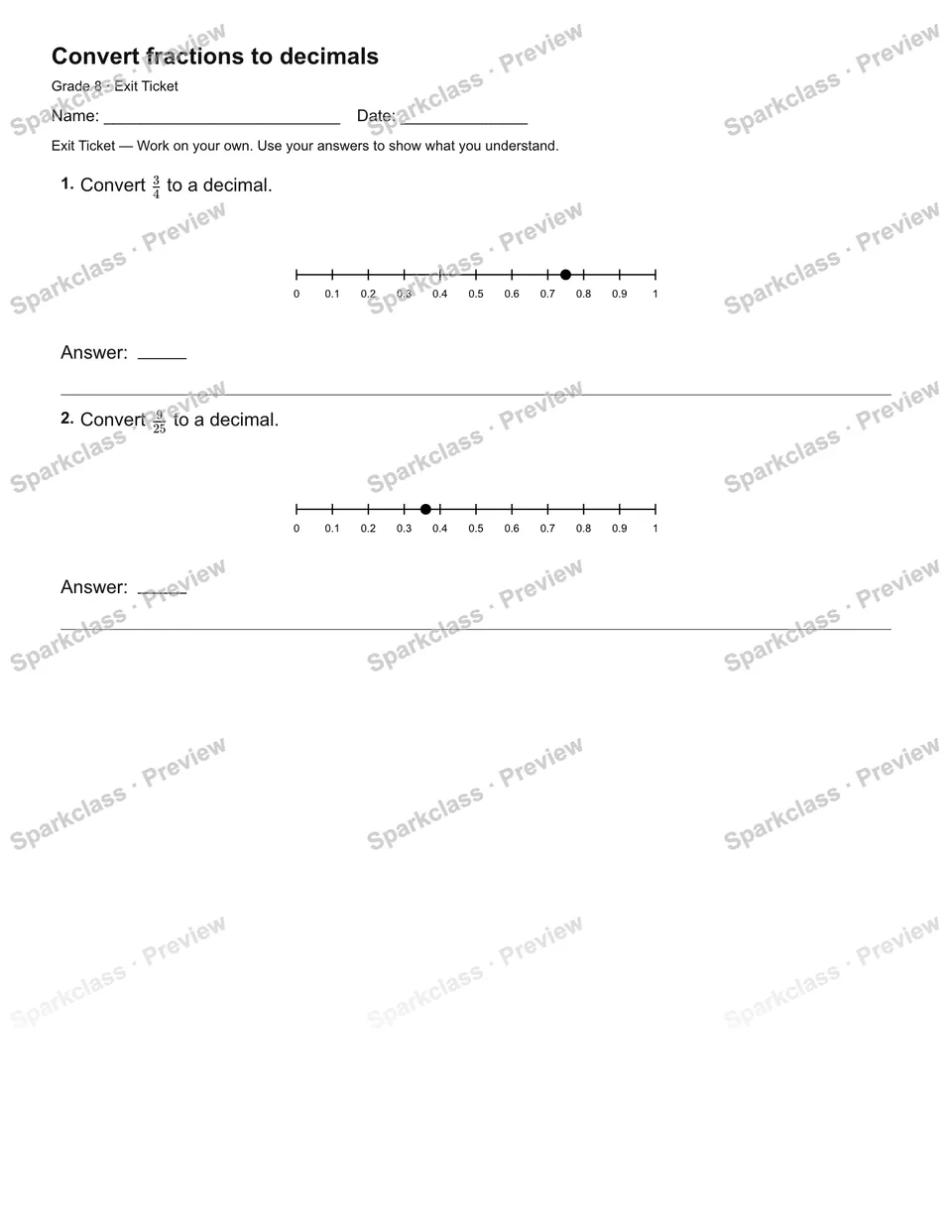 Convert fractions to decimals — Exit Ticket — page 1