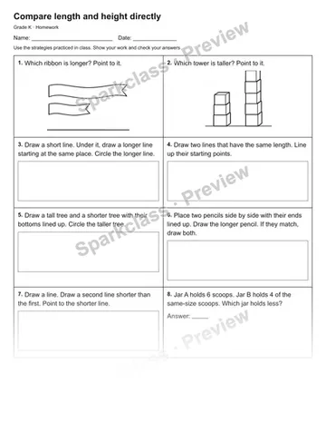 Compare length and height directly — Homework — Kindergarten worksheet preview