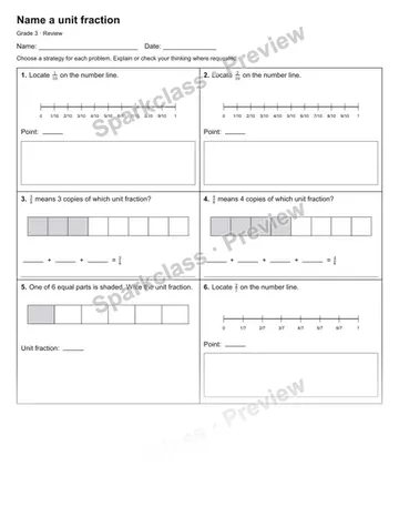 Name a unit fraction — Review — Grade 3 worksheet preview