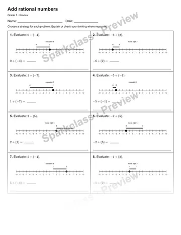 Add rational numbers — Review — Grade 7 worksheet preview