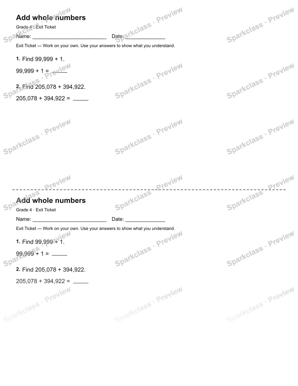 Add whole numbers — Exit Ticket — page 1
