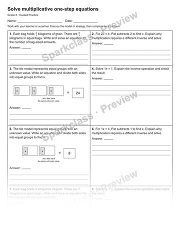 Solve multiplicative one-step equations — Guided Practice — Grade 6 worksheet preview