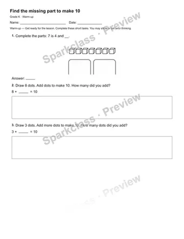 Find the missing part to make 10 — Warm-up — Kindergarten worksheet preview