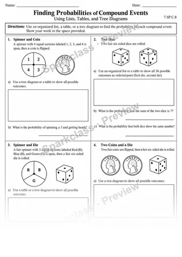 7.SP.C.8 · 8 Compound Probability Tree Diagrams — Grade 7 worksheet preview