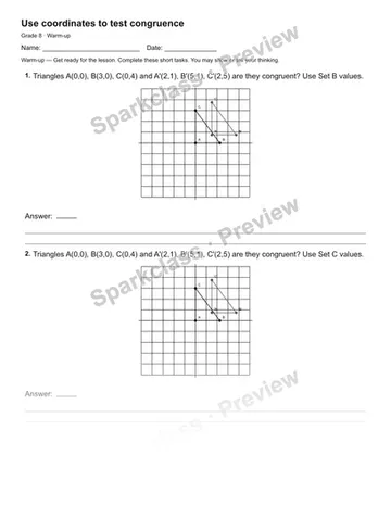 Use coordinates to test congruence — Warm-up — Grade 8 worksheet preview