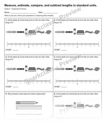 Measure, estimate, compare, and subtract lengths in standard units. — Independent Practice — Grade 2 worksheet preview