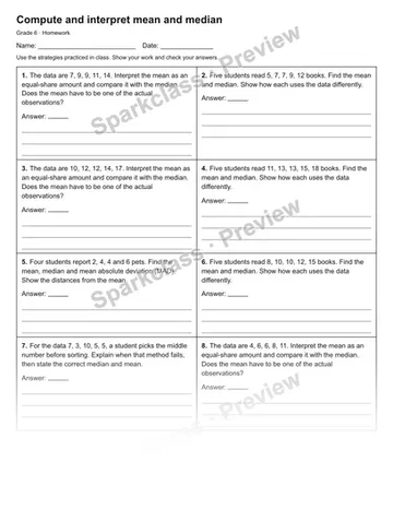 Compute and interpret mean and median — Homework — Grade 6 worksheet preview
