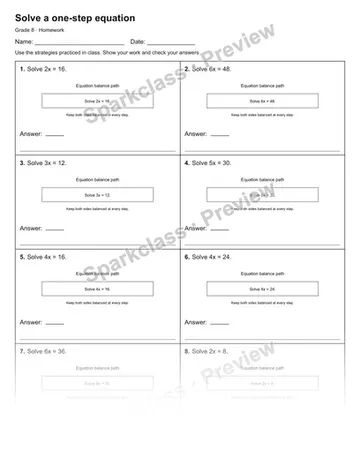 Solve a one-step equation — Homework — Grade 8 worksheet preview
