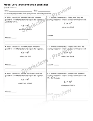 Model very large and small quantities — Homework — Grade 8 worksheet preview