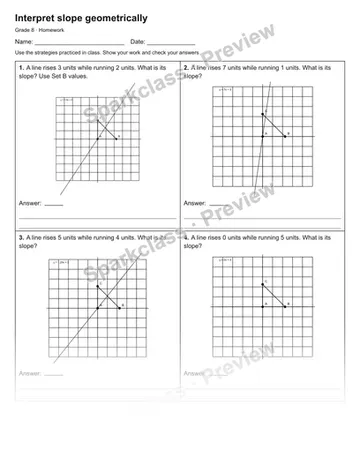 Interpret slope geometrically — Homework — Grade 8 worksheet preview
