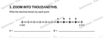 3. ZOOM INTO THOUSANDTHS. Write the decimal shown by each point. 4.000 4.010 A B C D A = B = C = D = — Grade 5 problem preview