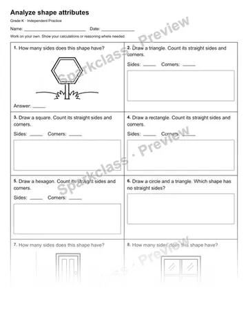 Analyze shape attributes — Independent Practice — Kindergarten worksheet preview