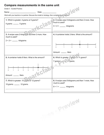 Compare measurements in the same unit — Guided Practice — Grade 3 worksheet preview