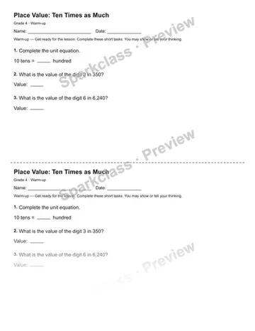 Place Value: Ten Times as Much — Warm-up — Grade 4 worksheet preview