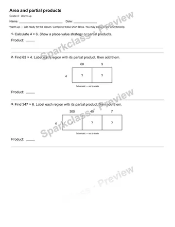Area and partial products — Warm-up — Grade 4 worksheet preview