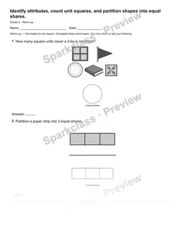 Identify attributes, count unit squares, and partition shapes into equal shares. — Warm-up — Grade 2 worksheet preview