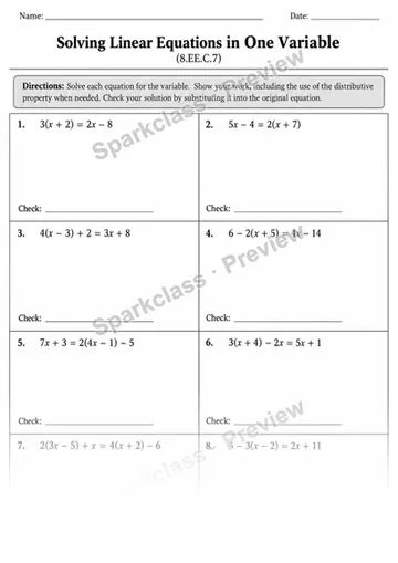 8.EE.C.7 · 7 Linear Equations Rational Coefficients Final — Grade 8 worksheet preview
