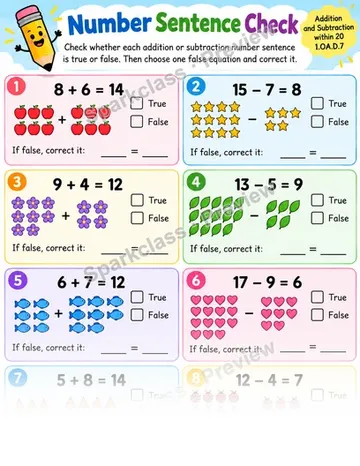 Number Sentence Check — Grade 1 worksheet preview