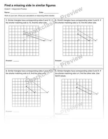 Find a missing side in similar figures — Independent Practice — Grade 8 worksheet preview