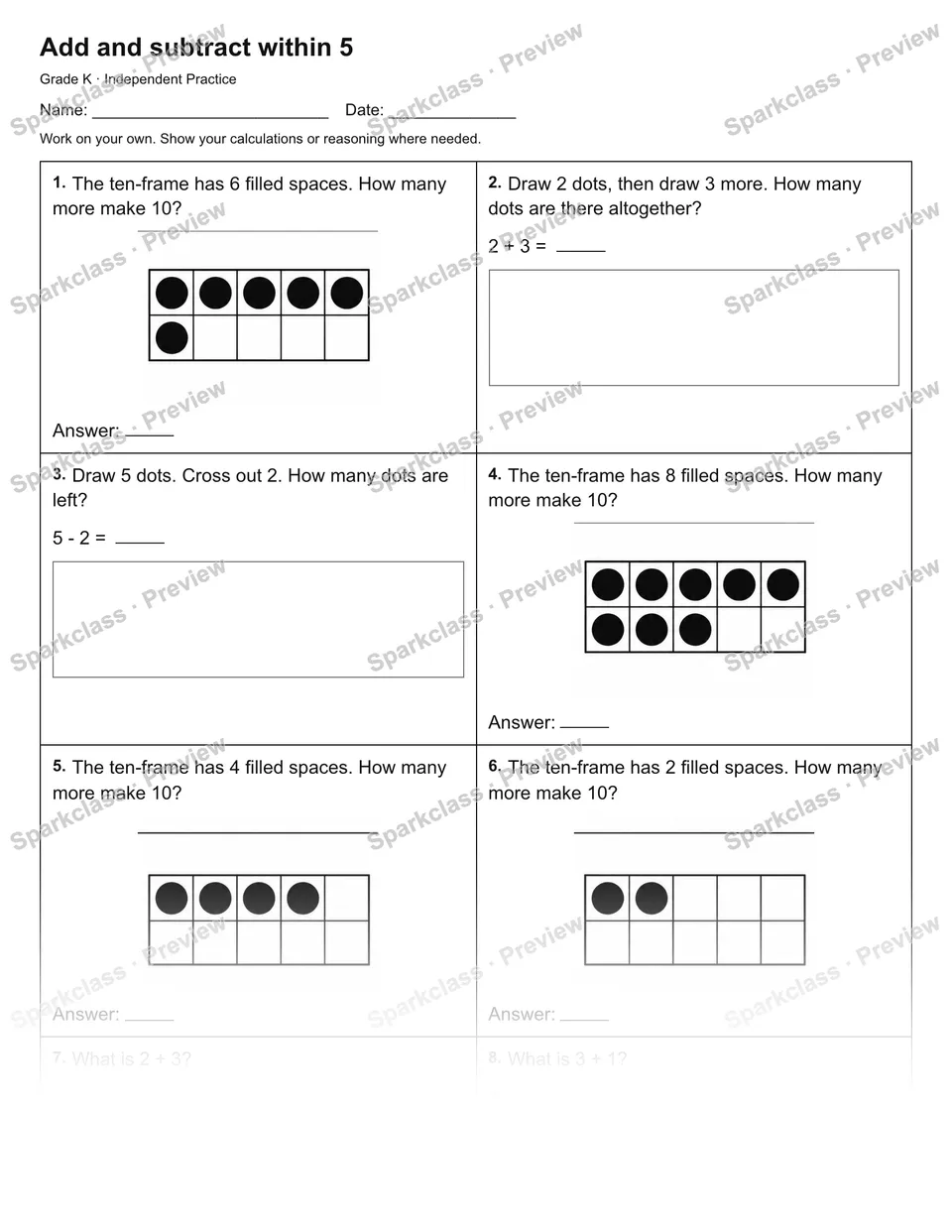 Add and subtract within 5 — Independent Practice — page 1