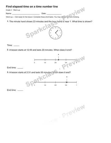 Find elapsed time on a time number line — Warm-up — Grade 3 worksheet preview