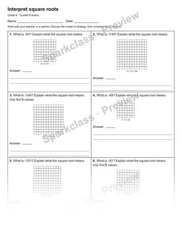 Interpret square roots — Guided Practice — Grade 8 worksheet preview