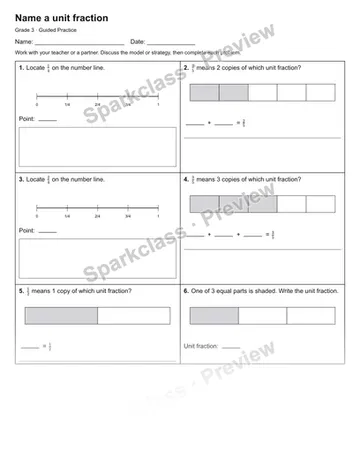 Name a unit fraction — Guided Practice — Grade 3 worksheet preview