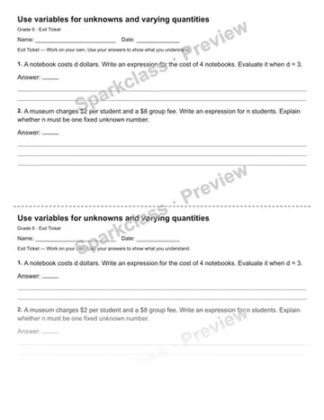 Use variables for unknowns and varying quantities — Exit Ticket — Grade 6 worksheet preview