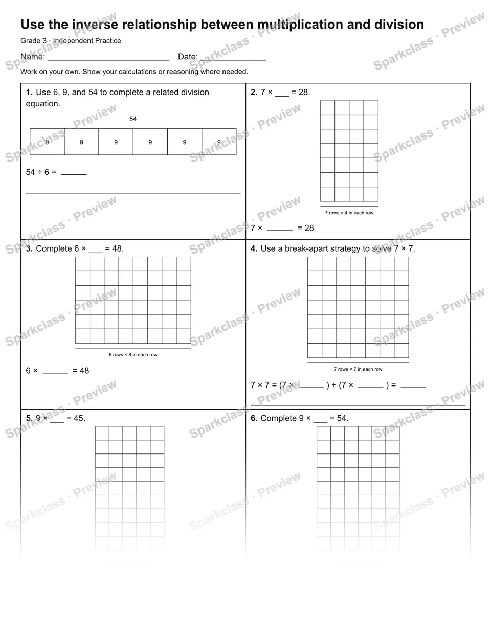 Use the inverse relationship between multiplication and division — Independent Practice — page 1