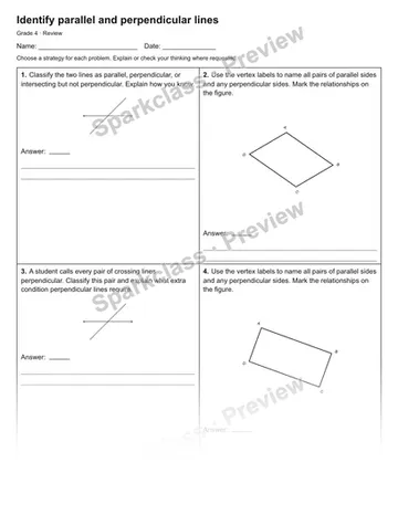 Identify parallel and perpendicular lines — Review — Grade 4 worksheet preview