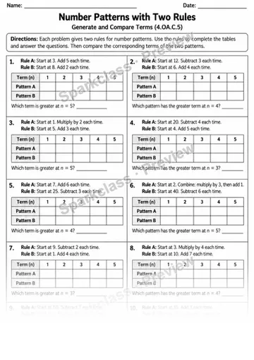 4.OA.C.5 · 5 Number Patterns Variant 01 — Grade 4 worksheet preview