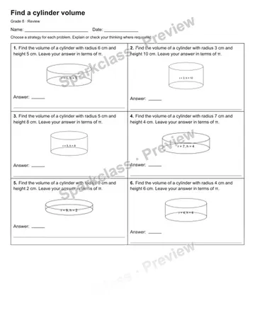 Find a cylinder volume — Review — Grade 8 worksheet preview