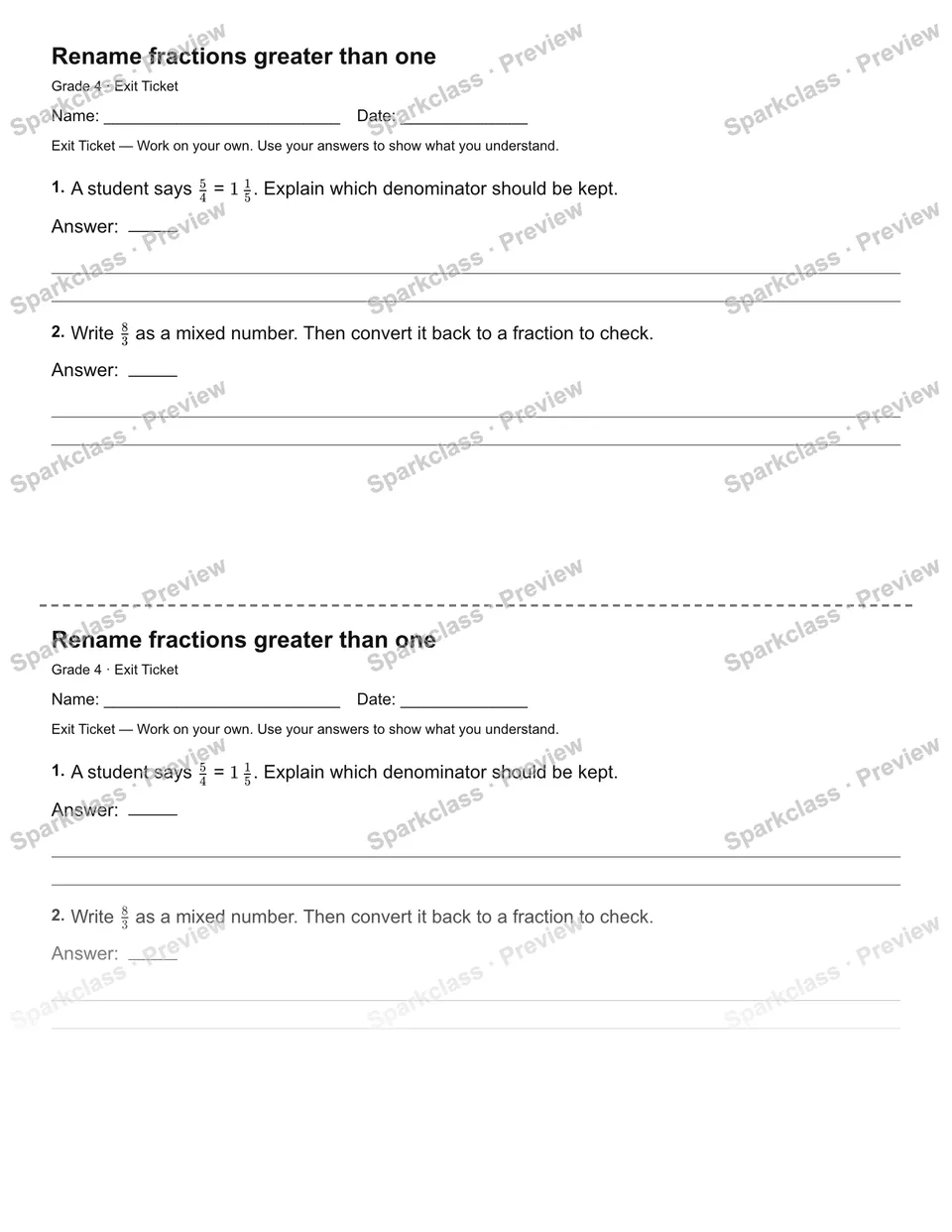 Rename fractions greater than one — Exit Ticket — page 1