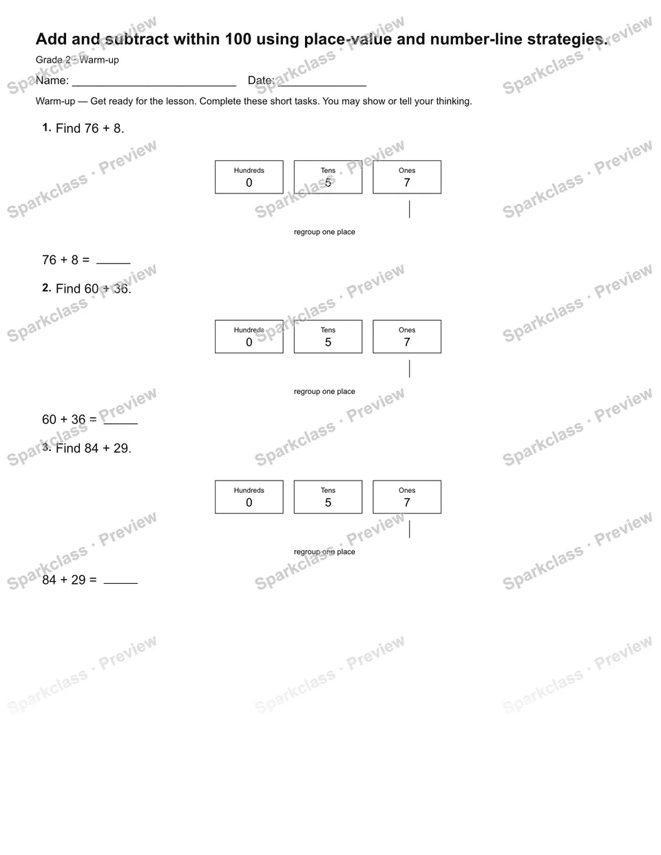 Add and subtract within 100 using place-value and number-line strategies. — Warm-up — page 1