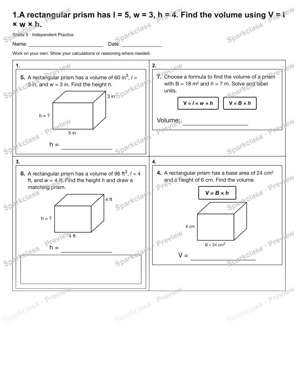 1.A rectangular prism has l = 5, w = 3, h = 4. Find the volume using V = l × w × h. — Independent Practice — page 1